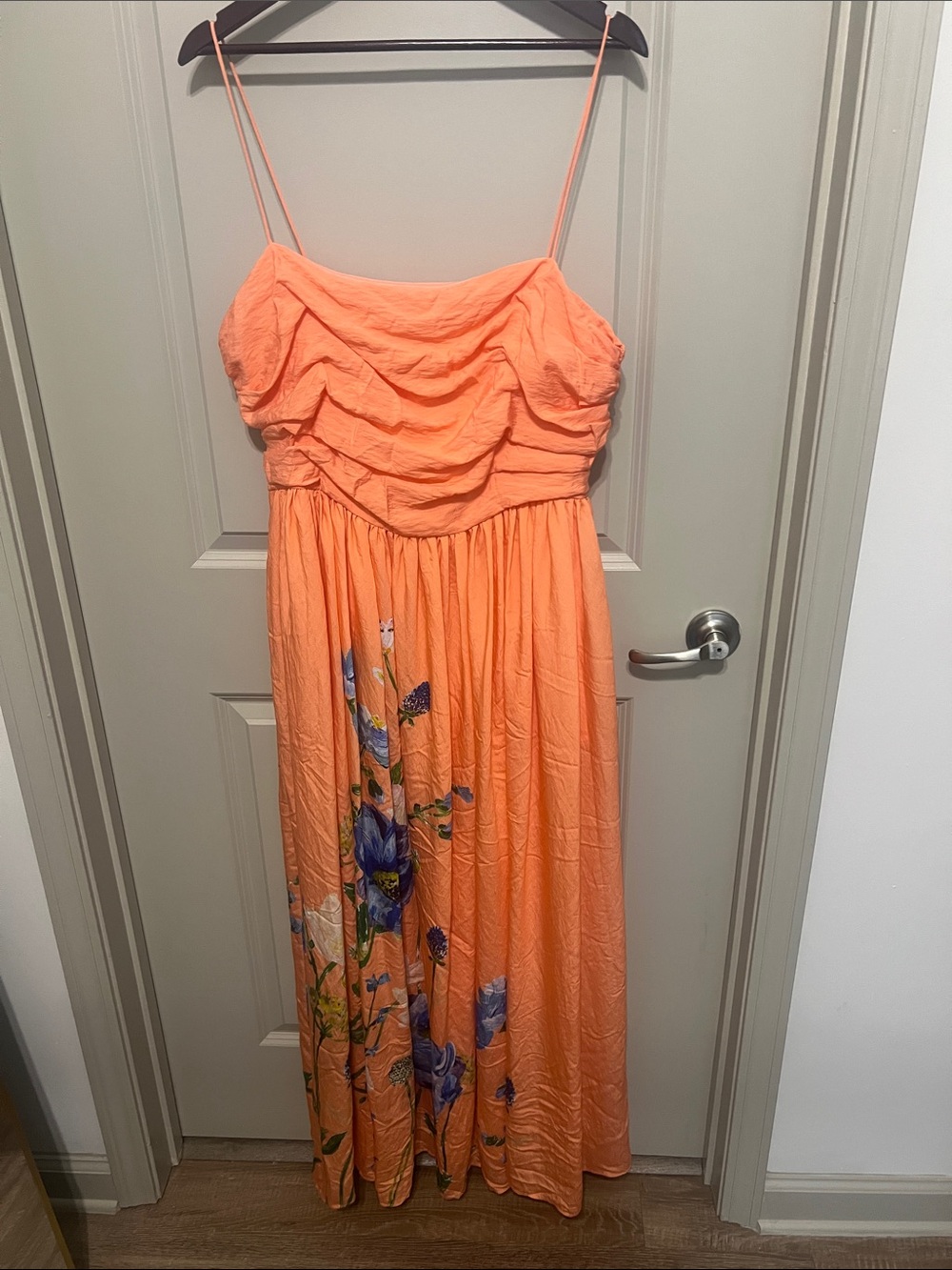 Anthropologie Coral Peach Floral Maxi Dress with Spaghetti Straps